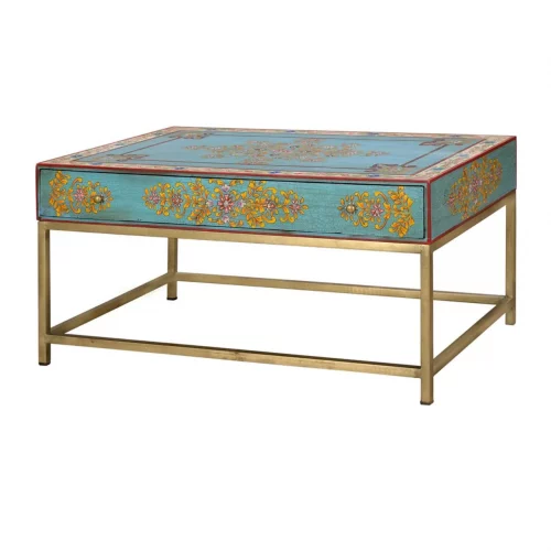 Mesa Centro Rectangular Multicolor Pintada a Mano 1 cajón Patas Metal 90x60x46 Cm - Giner y Colomer (5)