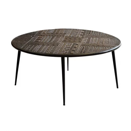 Mesa Centro Redonda Madera Mango Tallada Patas Metal Colección Jeroglífico 75x50 Cm - Giner y Colomer (2)