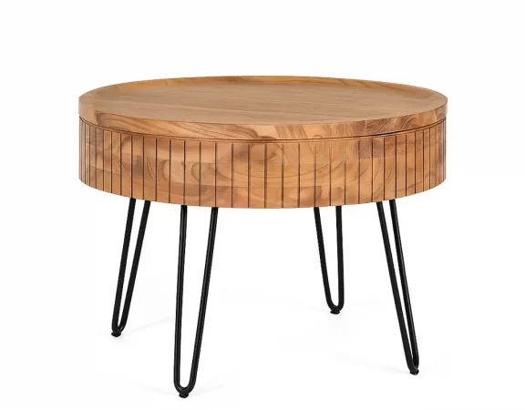 Mesa de Centro Redonda de Madera de Mango con Almacenamiento Oculto y Patas de Hierro – 70x70x51 cm-MOVIL (1)