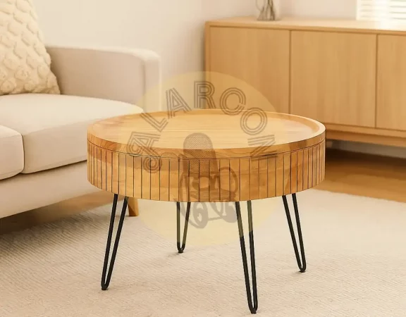 Mesa de Centro Redonda de Madera de Mango con Almacenamiento Oculto y Patas de Hierro – 70x70x51 cm-MOVIL (2)