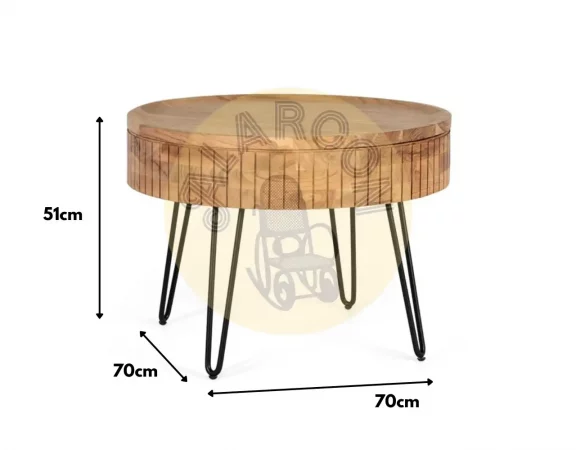 Mesa de Centro Redonda de Madera de Mango con Almacenamiento Oculto y Patas de Hierro – 70x70x51 cm-MOVIL (3)