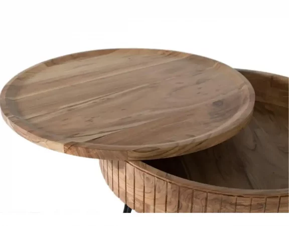 Mesa de Centro Redonda de Madera de Mango con Almacenamiento Oculto y Patas de Hierro – 70x70x51 cm-MOVIL (4)