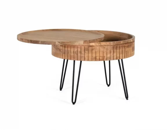 Mesa de Centro Redonda de Madera de Mango con Almacenamiento Oculto y Patas de Hierro – 70x70x51 cm-MOVIL (5)