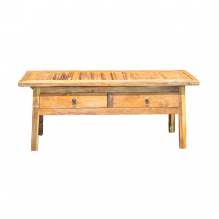 Mesa de Centro de Madera de Teca Maciza Rustica 2 Cajones - Moycor (3)