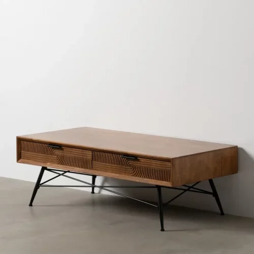 Mesa de Centro de Madera y Metal de Caucho Marrón y Negro 2 Cajones - Ixia (1)