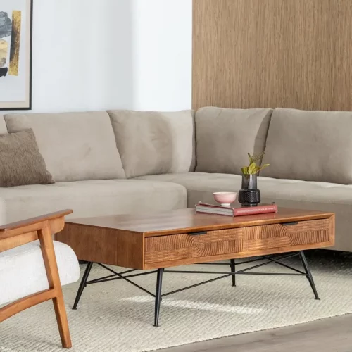Mesa de Centro de Madera y Metal de Caucho Marrón y Negro 2 Cajones - Ixia (11)