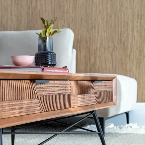 Mesa de Centro de Madera y Metal de Caucho Marrón y Negro 2 Cajones - Ixia (12)