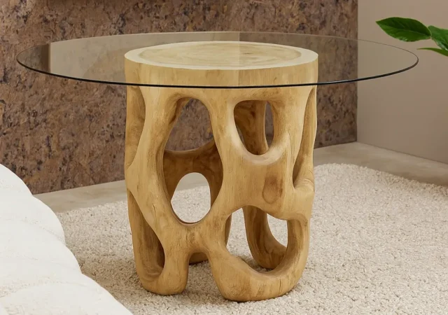 Mesa de Comedor Redonda Madera Suar y Cristal 130Dx76 Cm - Imori (2)