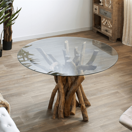 Mesa de Comedor de Cristal y Soporte de Troncos de Madera de Teca - Imori (1)