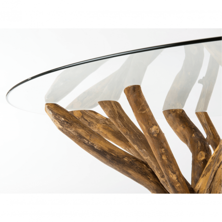 Mesa de Comedor de Cristal y Soporte de Troncos de Madera de Teca - Imori (3)