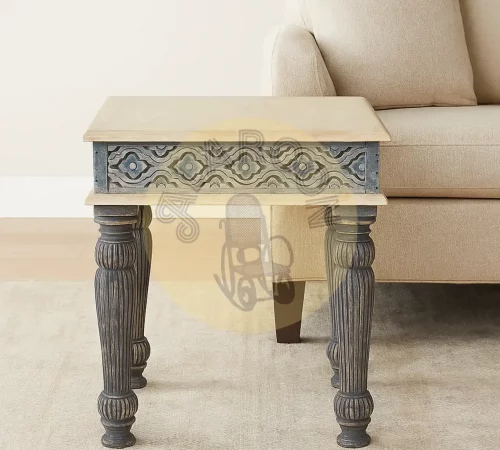 Mesa de centro cuadrada 60x60 cm de madera de mango con diseño artesanal vintage y patas torneadas-MOVIL (1)
