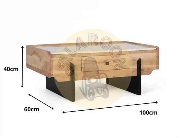 Mesa de centro de madera de acacia y mármol blanco con cajón y patas negras - 100x60x40 cm-MOVIL (2)