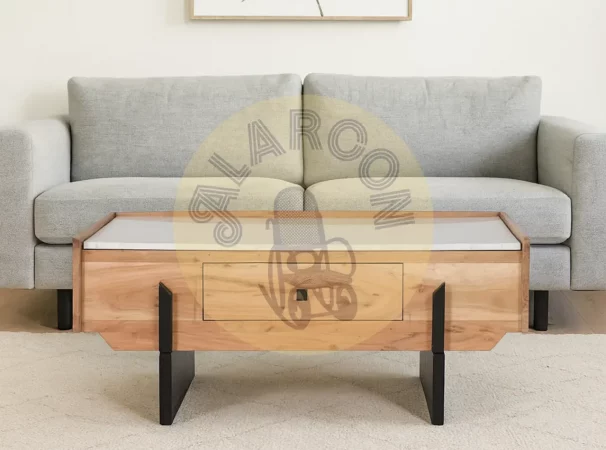 Mesa de centro de madera de acacia y mármol blanco con cajón y patas negras - 100x60x40 cm-MOVIL (3)