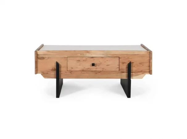 Mesa de centro de madera de acacia y mármol blanco con cajón y patas negras - 100x60x40 cm-MOVIL (4)