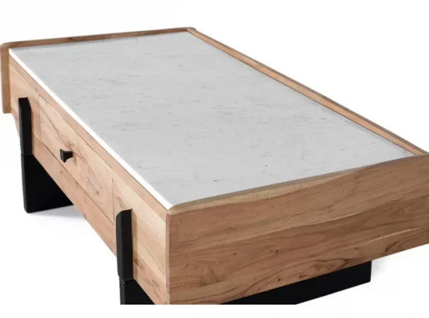Mesa de centro de madera de acacia y mármol blanco con cajón y patas negras - 100x60x40 cm-MOVIL (5)