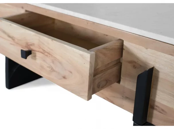 Mesa de centro de madera de acacia y mármol blanco con cajón y patas negras - 100x60x40 cm-MOVIL (6)