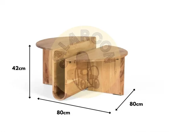 Mesa de centro redonda de madera de acacia con revistero integrado y diseño escalonado – 80x80x42 cm-MOVIL (5)