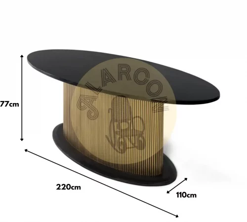 Mesa de comedor ovalada con tapa negra de madera de mango y base dorada en bronce–220x110cm-MOVIL (1)