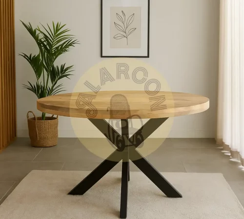 Mesa de comedor redonda de madera maciza de mango con base de hierro negro – 120x120x77 cm-MOVIL (4)