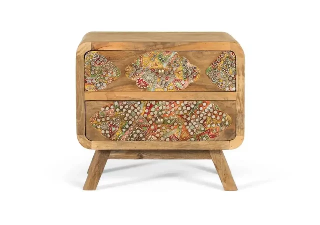 Mesilla de noche de madera maciza con incrustaciones étnicas - 50x35x46 cm-MOVIL (1)