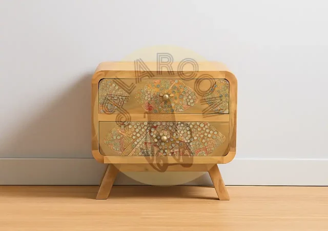 Mesilla de noche de madera maciza con incrustaciones étnicas - 50x35x46 cm-MOVIL (3)