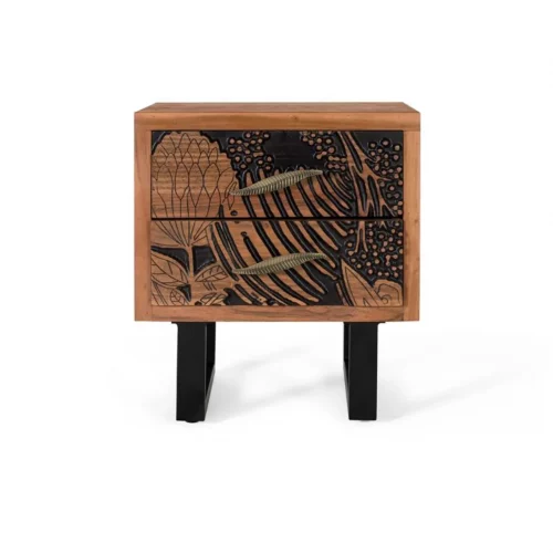 Mesita Noche 2 Cajones Madera Tallada Acacia Maciza Patas Metal Colección Tropicana 50x40x56 Cm - Giner y Colomer (1)