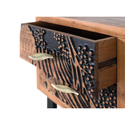 Mesita Noche 2 Cajones Madera Tallada Acacia Maciza Patas Metal Colección Tropicana 50x40x56 Cm - Giner y Colomer (2)