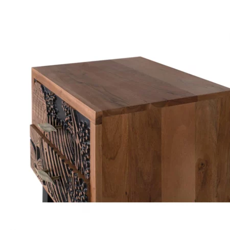 Mesita Noche 2 Cajones Madera Tallada Acacia Maciza Patas Metal Colección Tropicana 50x40x56 Cm - Giner y Colomer (3)
