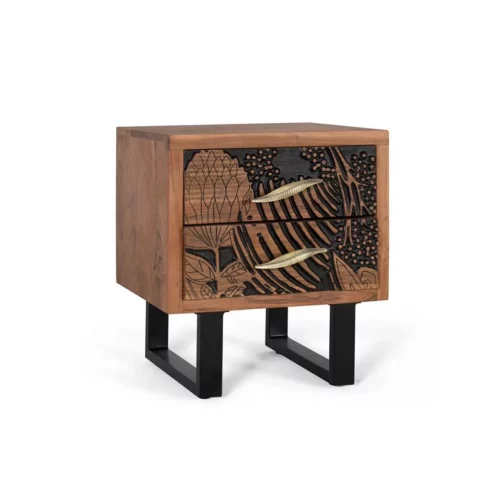 Mesita Noche 2 Cajones Madera Tallada Acacia Maciza Patas Metal Colección Tropicana 50x40x56 Cm - Giner y Colomer (4)
