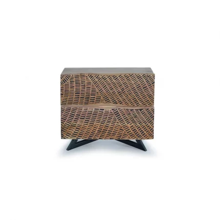 Mesita Noche Madera Acacia Tallada a Mano Patas Metal 2 Cajones Colección Yakarta 57x34x50 Cm - Giner y Colomer (4)