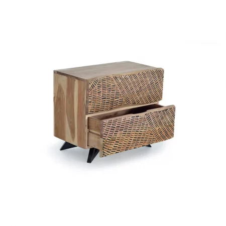 Mesita Noche Madera Acacia Tallada a Mano Patas Metal 2 Cajones Colección Yakarta 57x34x50 Cm - Giner y Colomer (5)