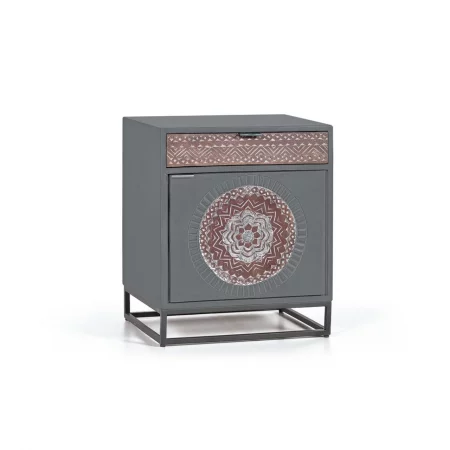 Mesita Noche Madera Mango Color Gris Frontales Tallados 1 Puerta + 1 Cajón Base Metal 50x40x60 Cm - Giner y Colomer (1)