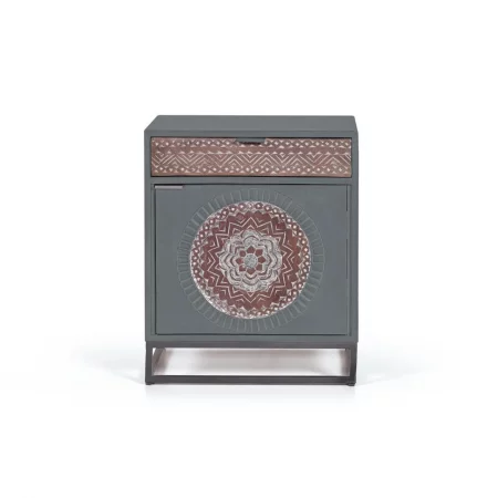 Mesita Noche Madera Mango Color Gris Frontales Tallados 1 Puerta + 1 Cajón Base Metal 50x40x60 Cm - Giner y Colomer (3)