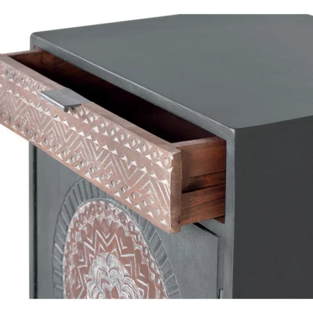 Mesita Noche Madera Mango Color Gris Frontales Tallados 1 Puerta + 1 Cajón Base Metal 50x40x60 Cm - Giner y Colomer (4)