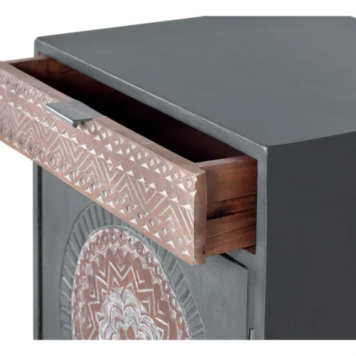 Mesita Noche Madera Mango Color Gris Frontales Tallados 1 Puerta + 1 Cajón Base Metal 50x40x60 Cm - Giner y Colomer (4)