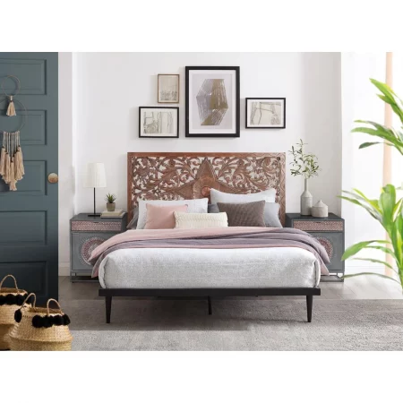 Mesita Noche Madera Mango Color Gris Frontales Tallados 1 Puerta + 1 Cajón Base Metal 50x40x60 Cm - Giner y Colomer (5)