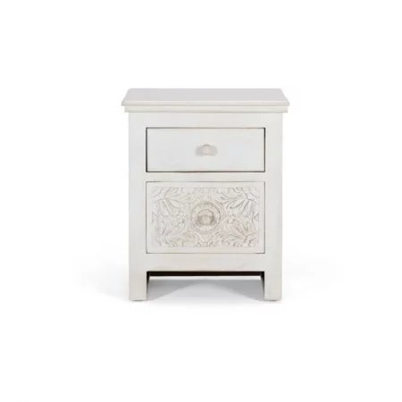 Mesita Noche Madera Mango Decapado Blanco Tallado 2 Cajones 50x40x60 Cm - Giner y Colomer (3)