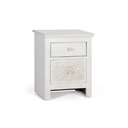 Mesita Noche Madera Mango Decapado Blanco Tallado 2 Cajones 50x40x60 Cm - Giner y Colomer (4)