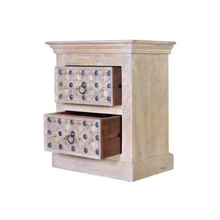 Mesita Noche Madera Mango Maciza Detalles Bronce 2 Cajones Colección Bakhra 66x46x76 Cm - Giner y Colomer (1)