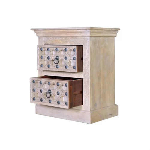 Mesita Noche Madera Mango Maciza Detalles Bronce 2 Cajones Colección Bakhra 66x46x76 Cm - Giner y Colomer (1)