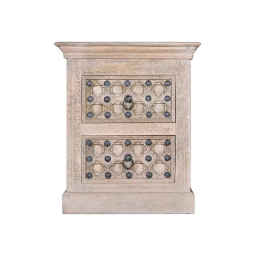 Mesita Noche Madera Mango Maciza Detalles Bronce 2 Cajones Colección Bakhra 66x46x76 Cm - Giner y Colomer (3)