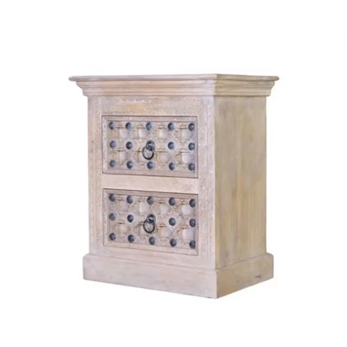 Mesita Noche Madera Mango Maciza Detalles Bronce 2 Cajones Colección Bakhra 66x46x76 Cm - Giner y Colomer (4)
