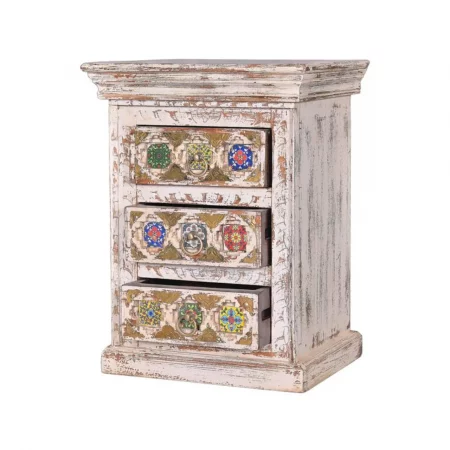 Mesita Noche Madera Mango Macizo Tallado a Mano Decapado Blanco Detalles Bronce Colección Bakhra 45x35x60 Cm - Giner y Colomer (1)