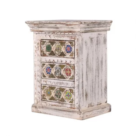 Mesita Noche Madera Mango Macizo Tallado a Mano Decapado Blanco Detalles Bronce Colección Bakhra 45x35x60 Cm - Giner y Colomer (3)