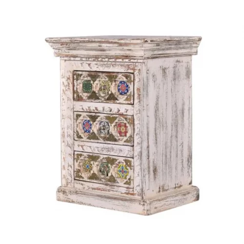 Mesita Noche Madera Mango Macizo Tallado a Mano Decapado Blanco Detalles Bronce Colección Bakhra 45x35x60 Cm - Giner y Colomer (3)