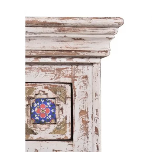 Mesita Noche Madera Mango Macizo Tallado a Mano Decapado Blanco Detalles Bronce Colección Bakhra 45x35x60 Cm - Giner y Colomer (4)
