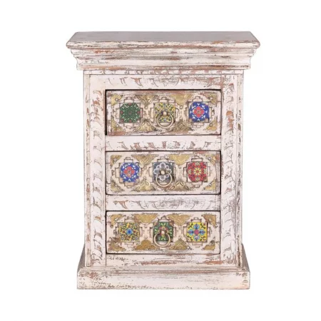 Mesita Noche Madera Mango Macizo Tallado a Mano Decapado Blanco Detalles Bronce Colección Bakhra 45x35x60 Cm - Giner y Colomer (5)