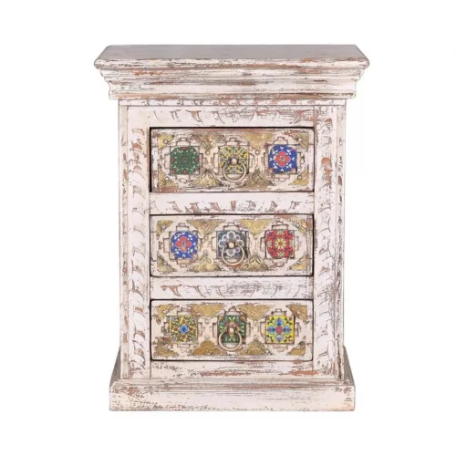 Mesita Noche Madera Mango Macizo Tallado a Mano Decapado Blanco Detalles Bronce Colección Bakhra 45x35x60 Cm - Giner y Colomer (5)