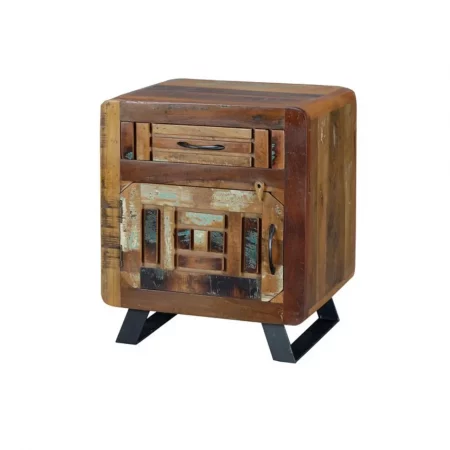 Mesita Noche Madera Reciclada 1 Cajón + 1 Puerta Patas Metal 50x40x60 Cm - Giner y Colomer (3)