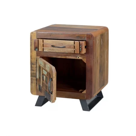 Mesita Noche Madera Reciclada 1 Cajón + 1 Puerta Patas Metal 50x40x60 Cm - Giner y Colomer (5)